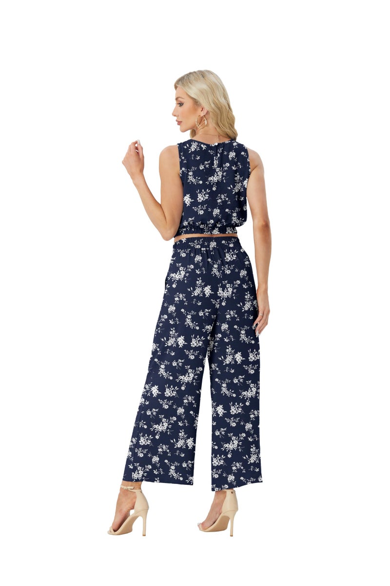 GRECERELLE 2 Piece Lounge Set Women Summer Resort Wear for Women 2026 Sleeveless Crop Top Wide Leg Pants Sweat Set Blue Small Flower-S - Image 3
