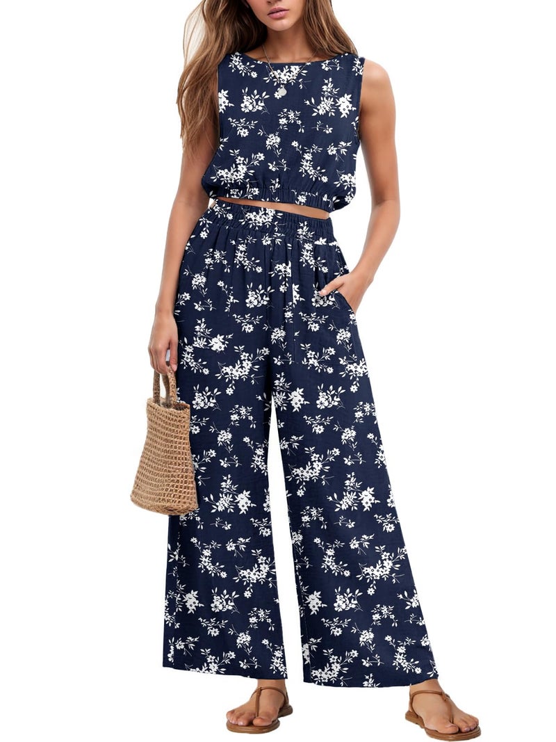 GRECERELLE 2 Piece Lounge Set Women Summer Resort Wear for Women 2026 Sleeveless Crop Top Wide Leg Pants Sweat Set Blue Small Flower-S - Image 1