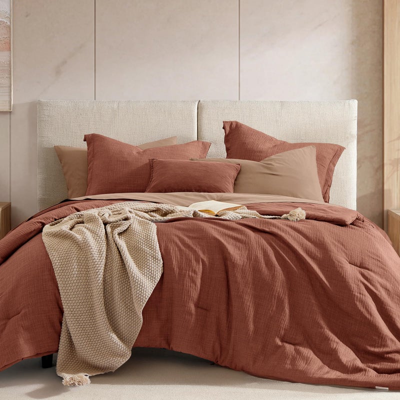 Geniospin King Size Comforter Set- 7 Pieces Terracotta Textured King Bedding Set, Soft Solid Bed in a Bag for All Seasons, Fall Comforter Set with Sheets - Image 1