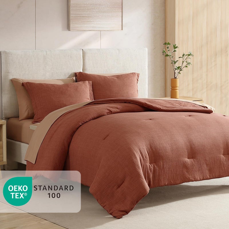 Geniospin King Size Comforter Set- 7 Pieces Terracotta Textured King Bedding Set, Soft Solid Bed in a Bag for All Seasons, Fall Comforter Set with Sheets - Image 2
