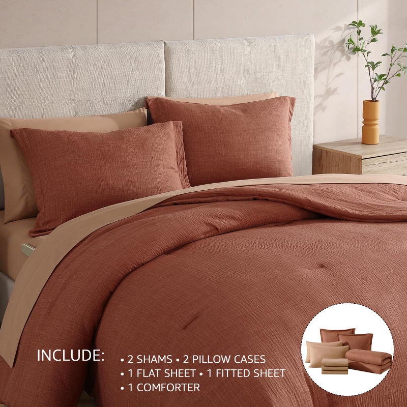 Geniospin King Size Comforter Set- 7 Pieces Terracotta Textured King Bedding Set, Soft Solid Bed in a Bag for All Seasons, Fall Comforter Set with Sheets - Image 4