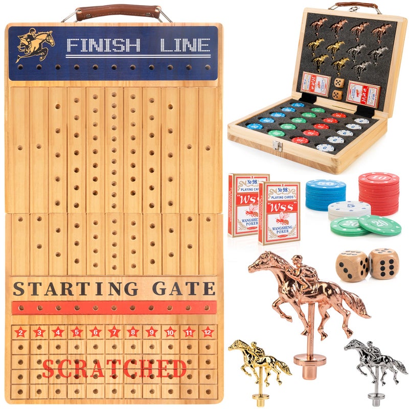 Bravmate Large 21 Inches Horse Race Board Game Solid Wood Foldable Horse Racing Game with 11 Luxury Metal Horses 2 Wooden Dice 2 Boxes of Cards 80 Chips for Parties - Image 3