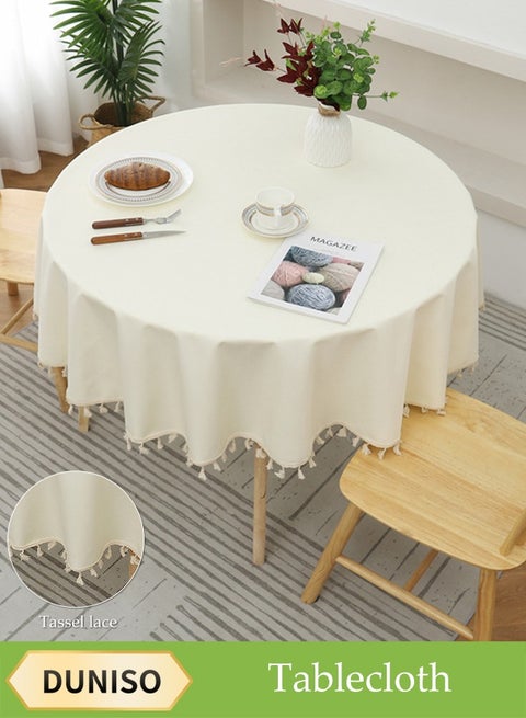 Solid Color TPU Coated Cotton And Linen Round Tablecloth With Tassel Edge, Wear-Resistant, Dustproof, Waterproof And Oil-Proof, Suitable For Kitchen, Restaurant, Home, Terrace, Camping, Study, 110cm*110cm