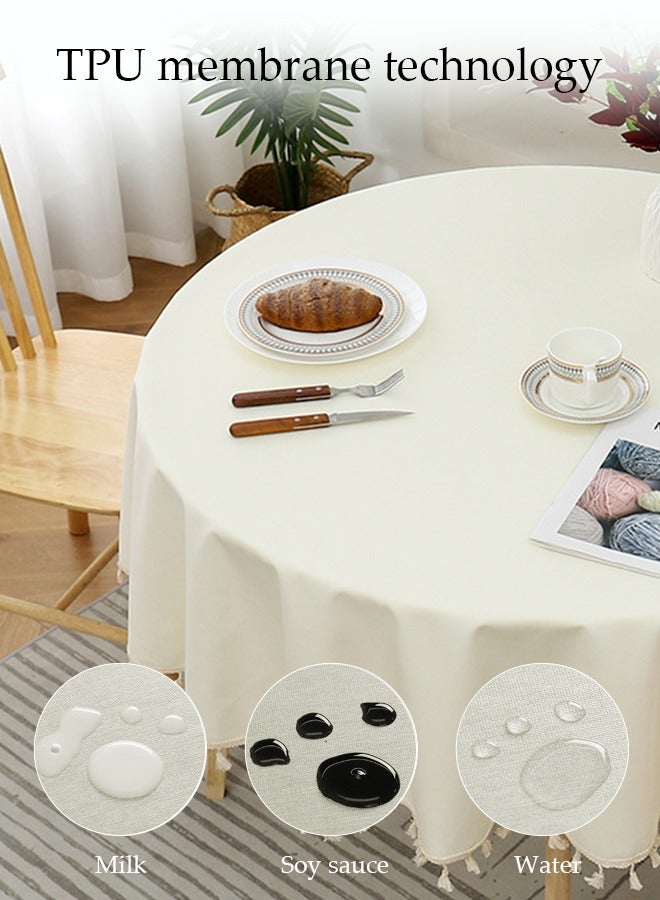DUNISO مفرش طاولة دائري من القطن والكتان مع طلاء TPU بلون موحد، مقاوم للاهتراء، مضاد للغبار، مقاوم للماء والزيت، مناسب للمطبخ، المطعم، المنزل، الشرفة، التخييم، الدراسة، 110 سم * 110 سم - Image 4