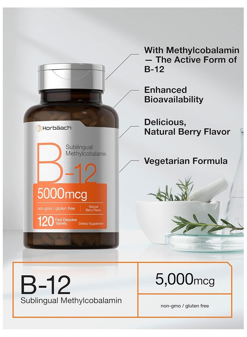 Horbaach B12 Vitamin 5000 mcg | 120 Tablets | as Methylcobalamin | Vegetarian, Non-GMO & Gluten Free Supplement - Image 2