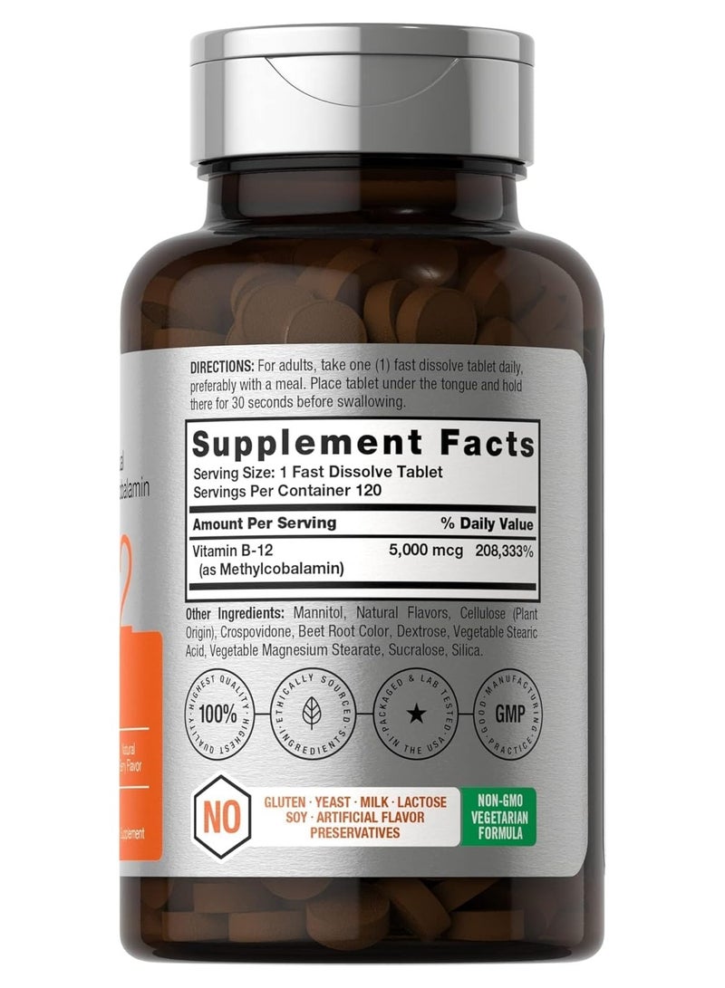 Horbaach B12 Vitamin 5000 mcg | 120 Tablets | as Methylcobalamin | Vegetarian, Non-GMO & Gluten Free Supplement - Image 3