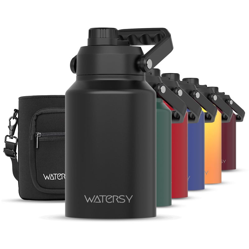 WATERSY Half Gallon Water Bottle Insulated(Cold for 48 Hrs),BPA Free&Leak Proof,64oz Stainless Steel Water Jug/Flask,Big thermo,Large Water Bottle with Handle for Gym,Hiking,Camping,Black - Image 1