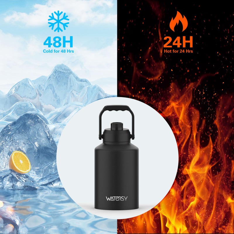 WATERSY Half Gallon Water Bottle Insulated(Cold for 48 Hrs),BPA Free&Leak Proof,64oz Stainless Steel Water Jug/Flask,Big thermo,Large Water Bottle with Handle for Gym,Hiking,Camping,Black - Image 2