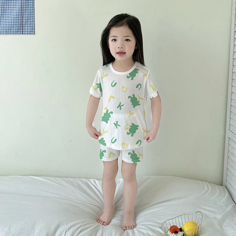 Summer Short-Sleeved Suit Category A Boys' Home Clothes Mesh Breathable Bamboo Fiber Baby Girl Kidsren'S Pajamas Pajamas - Image 5