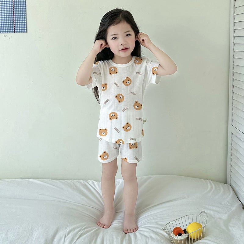Summer Short-Sleeved Suit Category A Boys' Home Clothes Mesh Breathable Bamboo Fiber Baby Girl Kidsren'S Pajamas Pajamas - Image 3