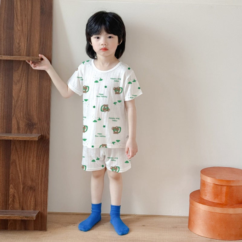 Summer Short-Sleeved Suit Category A Boys' Home Clothes Mesh Breathable Bamboo Fiber Baby Girl Kidsren'S Pajamas Pajamas - Image 1