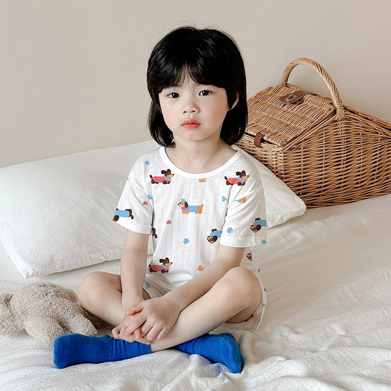Summer Short-Sleeved Suit Category A Boys' Home Clothes Mesh Breathable Bamboo Fiber Baby Girl Kidsren'S Pajamas Pajamas - Image 4