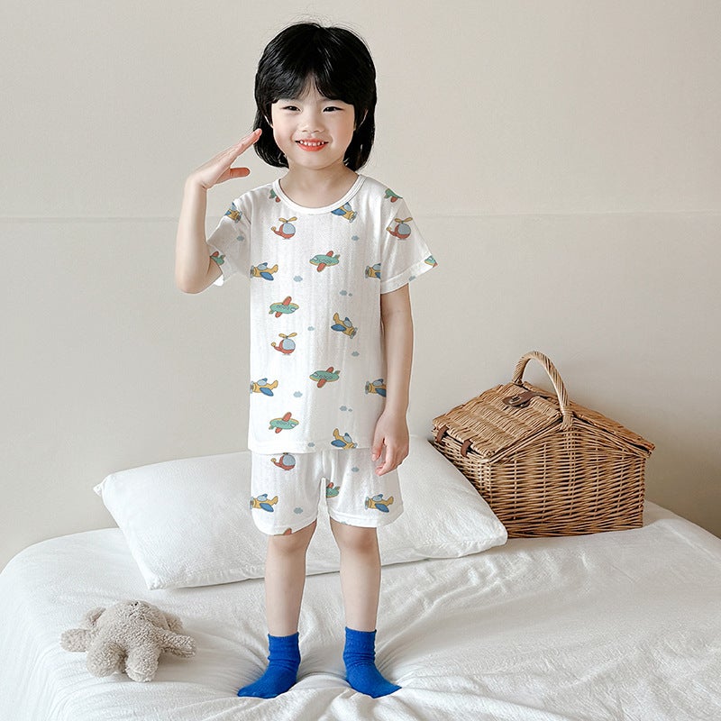 Summer Short-Sleeved Suit Category A Boys' Home Clothes Mesh Breathable Bamboo Fiber Baby Girl Kidsren'S Pajamas Pajamas - Image 2