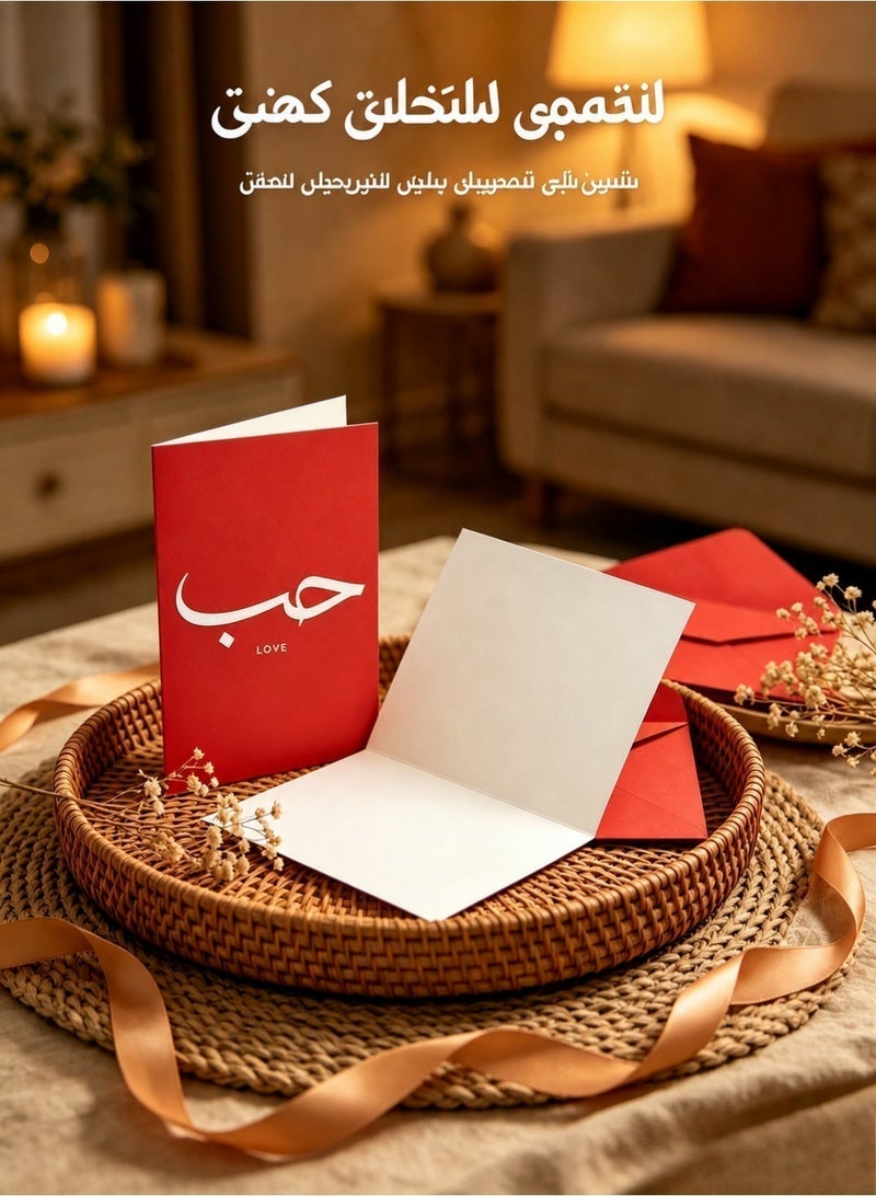 بطاقة تهنئة، بطاقة حب بخط عربي أنيق، بطاقة تهنئة رومانسية مع ظرف للأزواج، بطاقة عيد الحب، أحمر - Image 4
