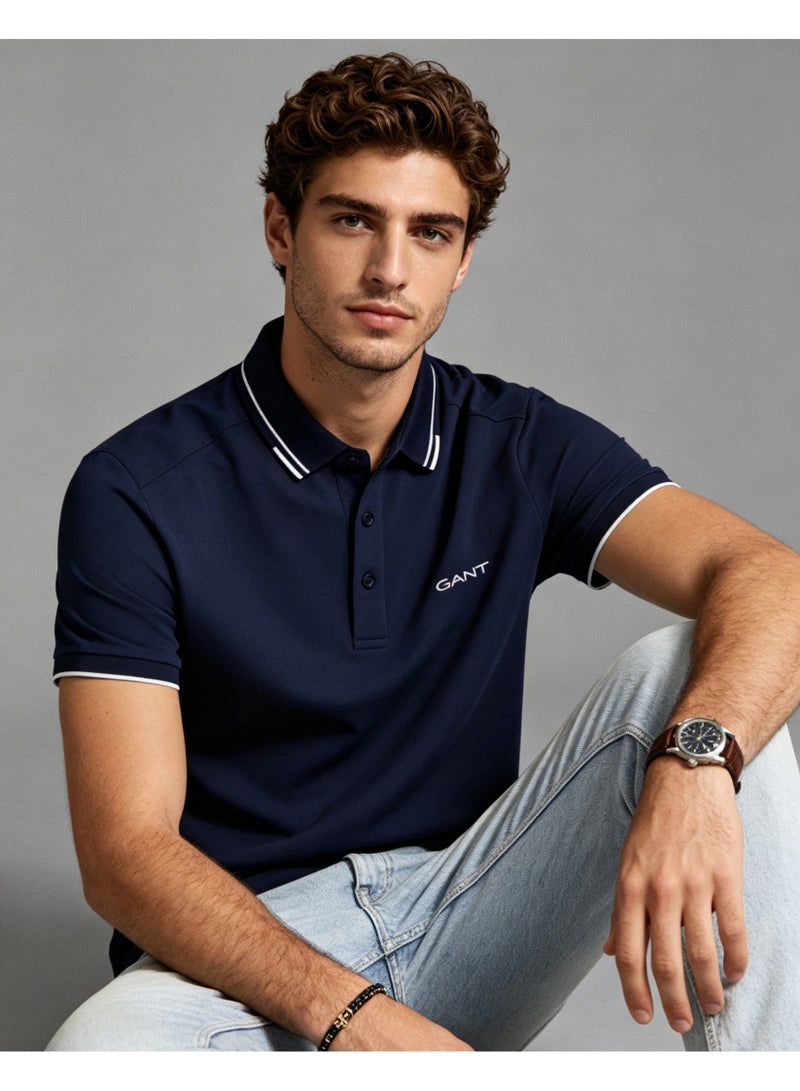 GANT Men Double White Striped Collar Short Sleeve Polo Shirt Formal Casual Regular Fit Office Daily Wear Navy Blue - Image 4