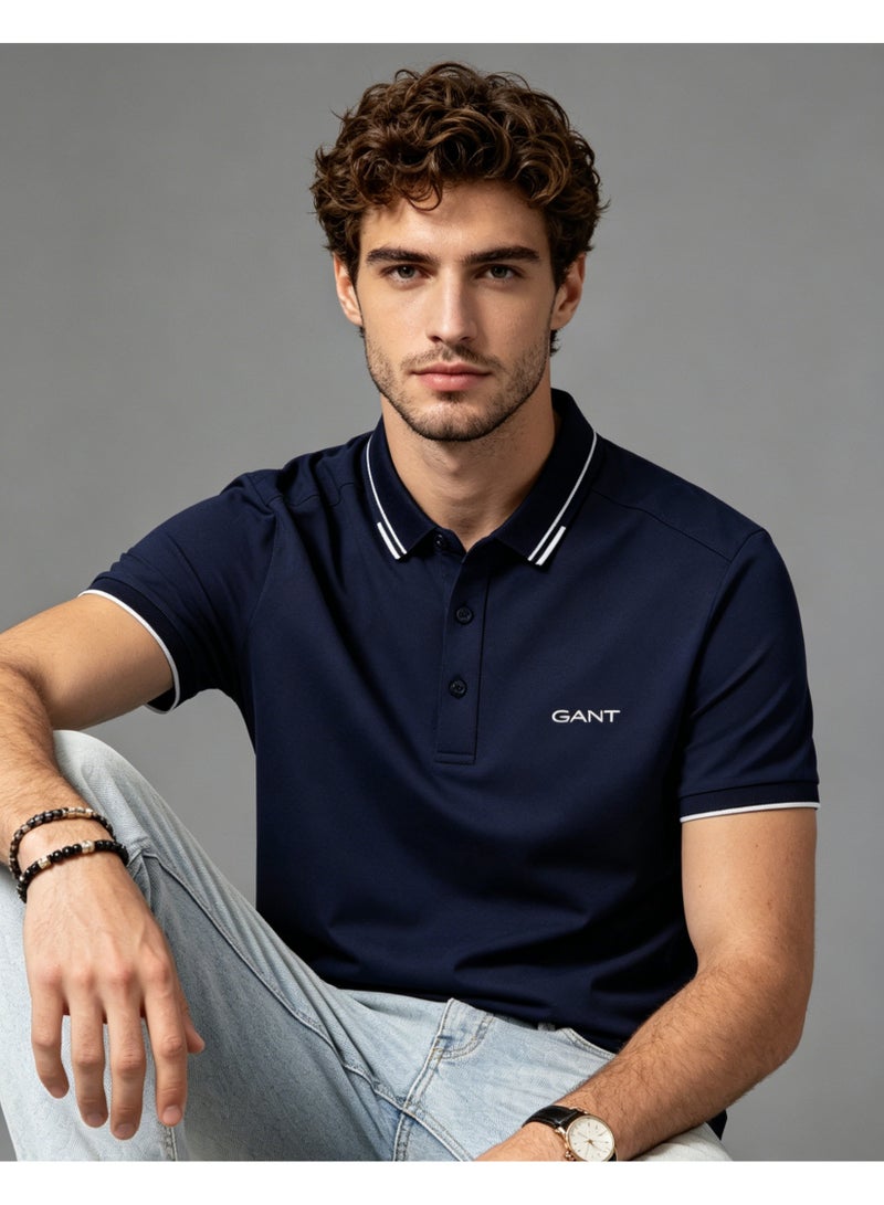 GANT Men Double White Striped Collar Short Sleeve Polo Shirt Formal Casual Regular Fit Office Daily Wear Navy Blue - Image 3