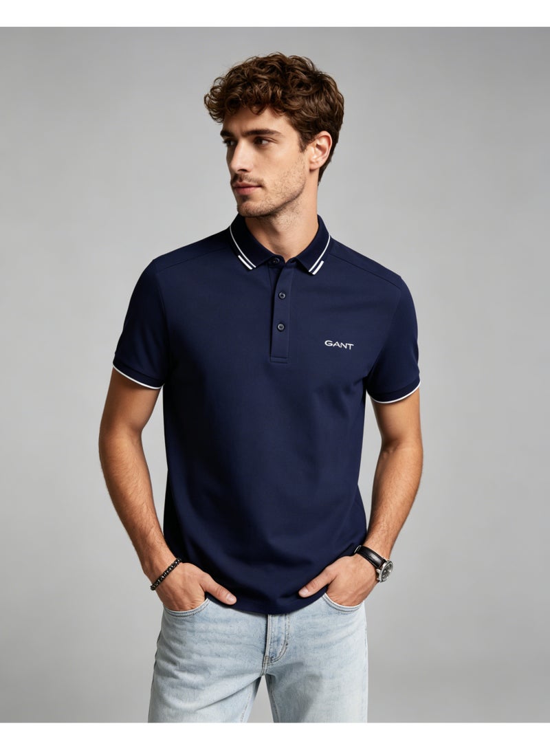 GANT Men Double White Striped Collar Short Sleeve Polo Shirt Formal Casual Regular Fit Office Daily Wear Navy Blue - Image 1