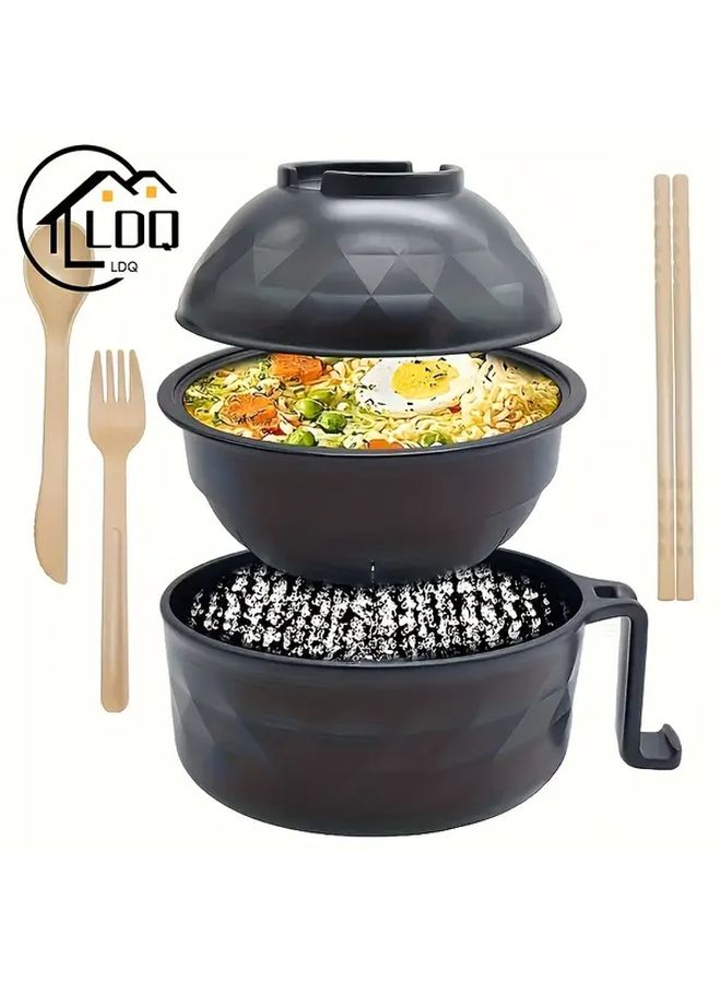 Black Microwave Safe Ramen Noodle Cooker Bowl Set With Spoon Chopsticks Fork Portable For Camping Dorm Picnic - Image 3