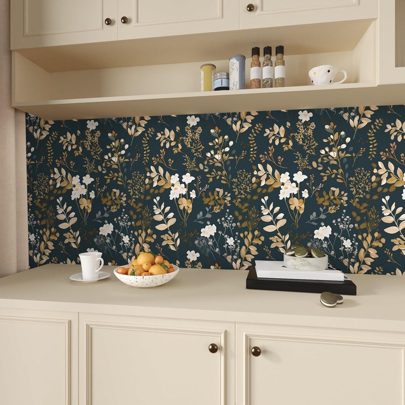 Laatse Navy Floral Wallpaper Peel and Stick Boho Wallpaper Vintage Blue/Gold Leaf Contact Paper Waterproof Self Adhesive Modern Wall Paper for Cabinet Walls Kitchen 17.5in x393in - Image 4