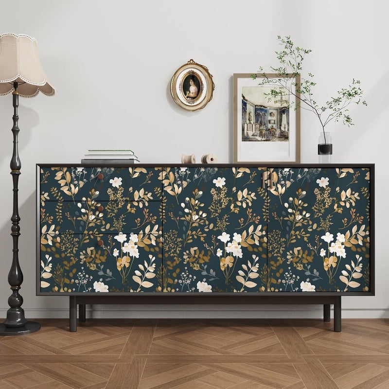 Laatse Navy Floral Wallpaper Peel and Stick Boho Wallpaper Vintage Blue/Gold Leaf Contact Paper Waterproof Self Adhesive Modern Wall Paper for Cabinet Walls Kitchen 17.5in x393in - Image 3