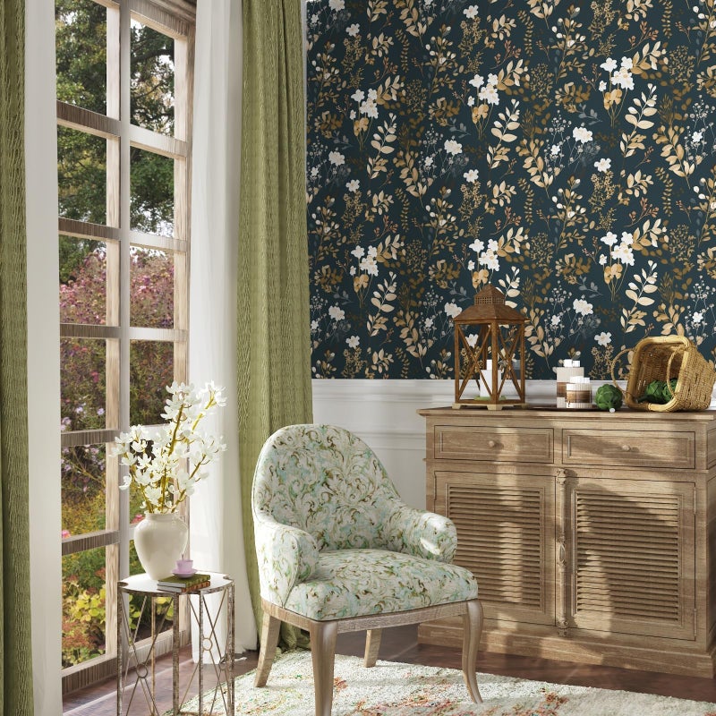 Laatse Navy Floral Wallpaper Peel and Stick Boho Wallpaper Vintage Blue/Gold Leaf Contact Paper Waterproof Self Adhesive Modern Wall Paper for Cabinet Walls Kitchen 17.5in x393in - Image 2