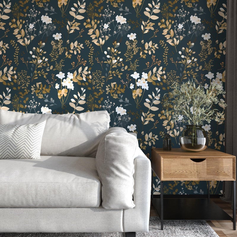 Laatse Navy Floral Wallpaper Peel and Stick Boho Wallpaper Vintage Blue/Gold Leaf Contact Paper Waterproof Self Adhesive Modern Wall Paper for Cabinet Walls Kitchen 17.5in x393in - Image 5