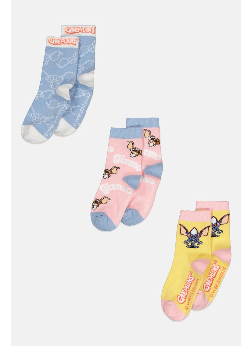 Gremlins Toddlers Girl 3 Pair Allover Print Crew Socks, Pink  - Image 1