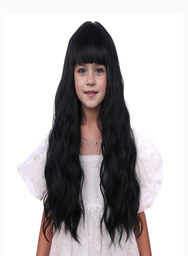 DUDUWIG Kids Black Wig Child Long Black Wig with Bangs Girls Black Wavy Curly Wig Synthetic Hair Wig Include Wig Cap - Image 1