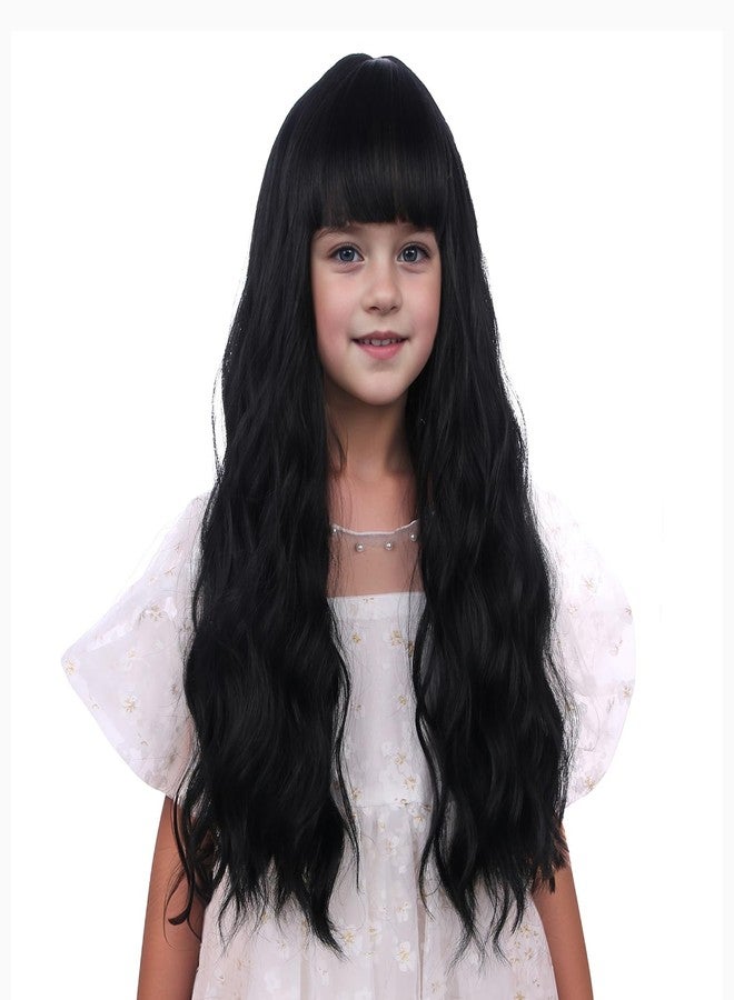 DUDUWIG Kids Black Wig Child Long Black Wig with Bangs Girls Black Wavy Curly Wig Synthetic Hair Wig Include Wig Cap - Image 3