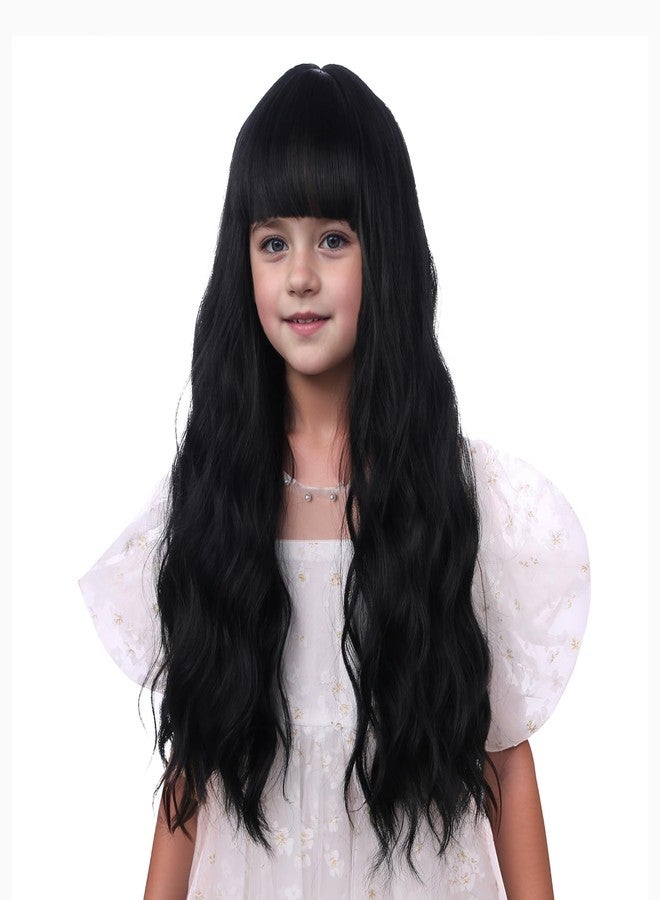 DUDUWIG Kids Black Wig Child Long Black Wig with Bangs Girls Black Wavy Curly Wig Synthetic Hair Wig Include Wig Cap - Image 2