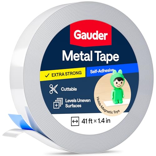 GAUDER Self-Adhesive Metal Tape - Ideal for Tonie Figures & Shelves - Holding Surface for Magnets - Ferrous Tape with Foam Adhesive - Thin Metal Steel Strip (41 ft x 1.4 in) - Image 1
