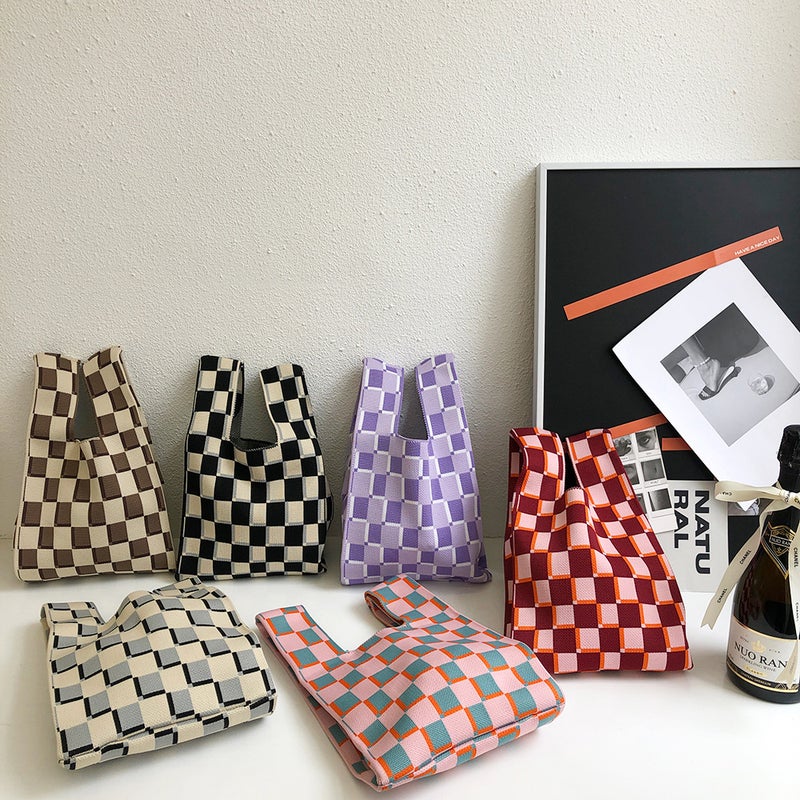 Mini Niche Designer Knitted Chessboard Plaid Japanese Bag High-Grade Texture Handbag Casual Tote Handbag - Image 5