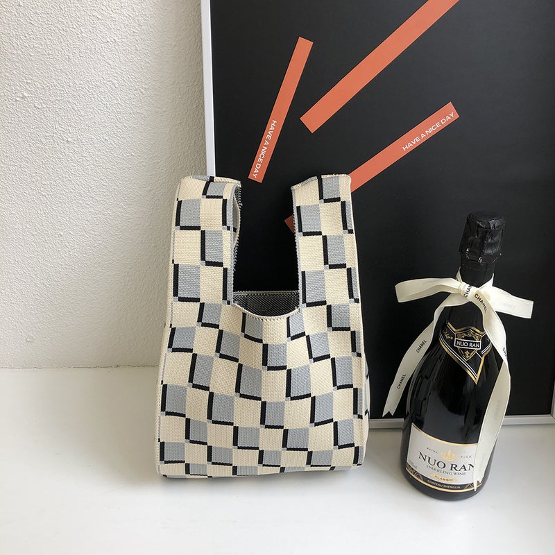 Mini Niche Designer Knitted Chessboard Plaid Japanese Bag High-Grade Texture Handbag Casual Tote Handbag - Image 1