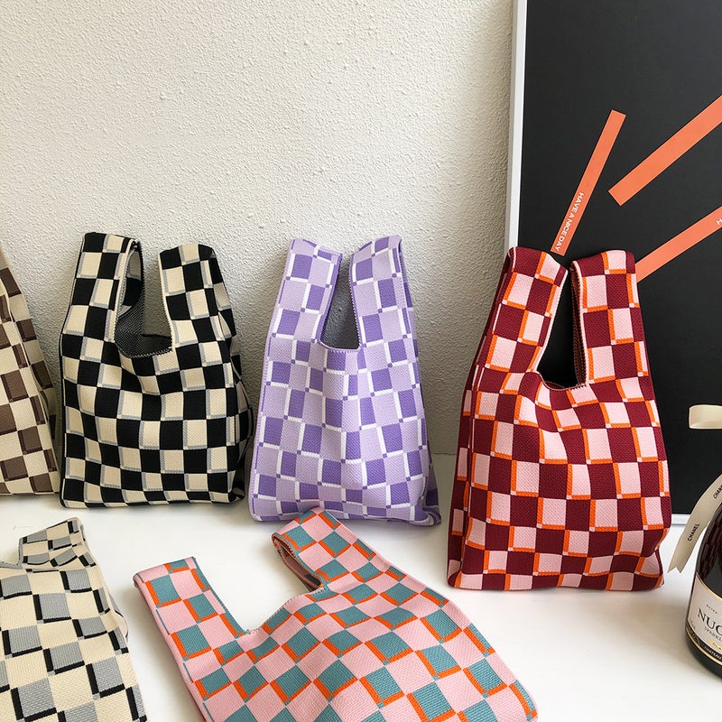 Mini Niche Designer Knitted Chessboard Plaid Japanese Bag High-Grade Texture Handbag Casual Tote Handbag - Image 2