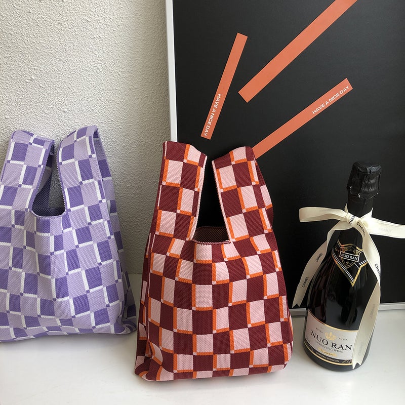 Mini Niche Designer Knitted Chessboard Plaid Japanese Bag High-Grade Texture Handbag Casual Tote Handbag - Image 3