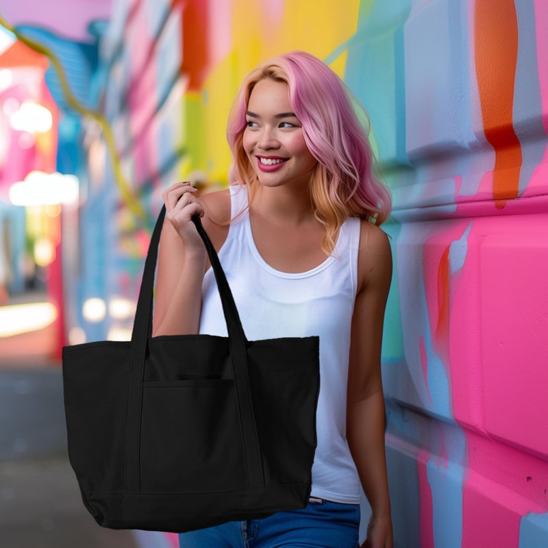 DALIX Womens 23" Deluxe 24 oz. Cotton Canvas Tote Bag Zippered in Black - Image 4