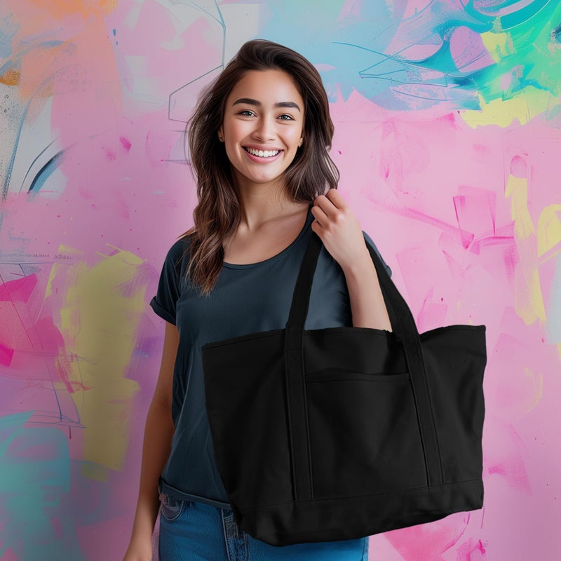 DALIX Womens 23" Deluxe 24 oz. Cotton Canvas Tote Bag Zippered in Black - Image 3
