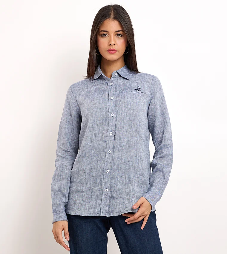 بيفرلي هيلز بولو كلوب قميص كتان بأكمام طويلة مطرز بشعار