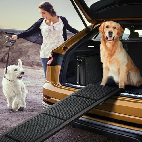 FAHKNS Dog Ramp for Car, 71" x 17" Extra Long Wide Folding Pet Ramp, Non-Slip Rug Surface, Aluminum, Black, Up to 300 LBS - Image 1