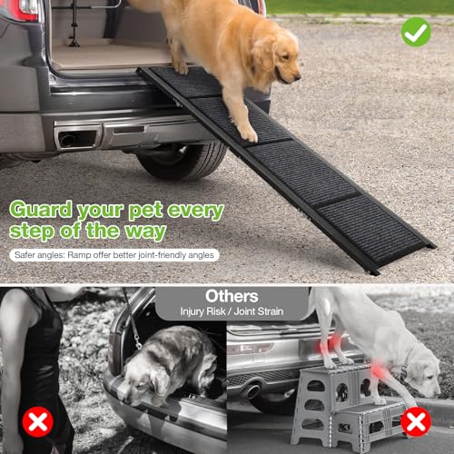 FAHKNS Dog Ramp for Car, 71" x 17" Extra Long Wide Folding Pet Ramp, Non-Slip Rug Surface, Aluminum, Black, Up to 300 LBS - Image 2