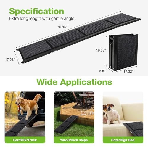 FAHKNS Dog Ramp for Car, 71" x 17" Extra Long Wide Folding Pet Ramp, Non-Slip Rug Surface, Aluminum, Black, Up to 300 LBS - Image 4