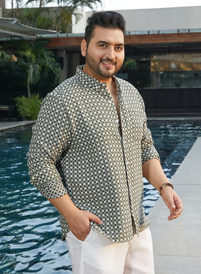 Instafab Plus  Men's Olive Green Motif-Block Regular Shirt For Casual Wear | Spread Collar | Long Cuffed Sleeves | Button Closure | Plus Size Shirt Crafted With Comfort Fit For Everyday Wear for Men | Best Price UAE