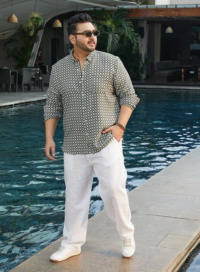 Instafab Plus  Men's Olive Green Motif-Block Regular Shirt For Casual Wear | Spread Collar | Long Cuffed Sleeves | Button Closure | Plus Size Shirt Crafted With Comfort Fit For Everyday Wear for Men | Best Price UAE