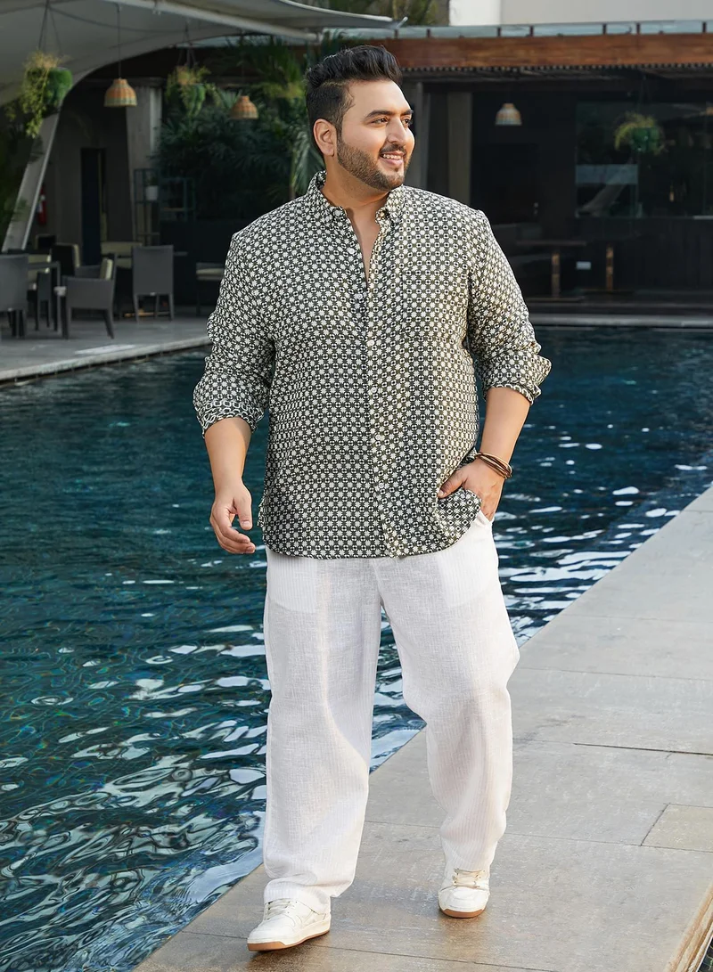 Instafab Plus  Men's Olive Green Motif-Block Regular Shirt For Casual Wear | Spread Collar | Long Cuffed Sleeves | Button Closure | Plus Size Shirt Crafted With Comfort Fit For Everyday Wear for Men | Best Price UAE