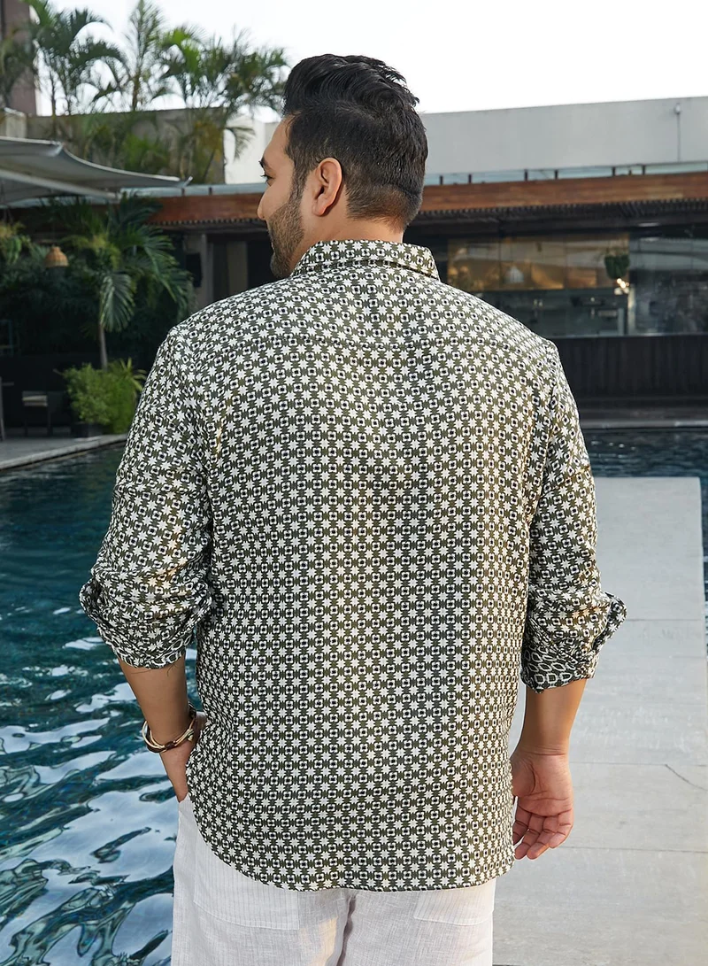 Instafab Plus  Men's Olive Green Motif-Block Regular Shirt For Casual Wear | Spread Collar | Long Cuffed Sleeves | Button Closure | Plus Size Shirt Crafted With Comfort Fit For Everyday Wear for Men | Best Price UAE