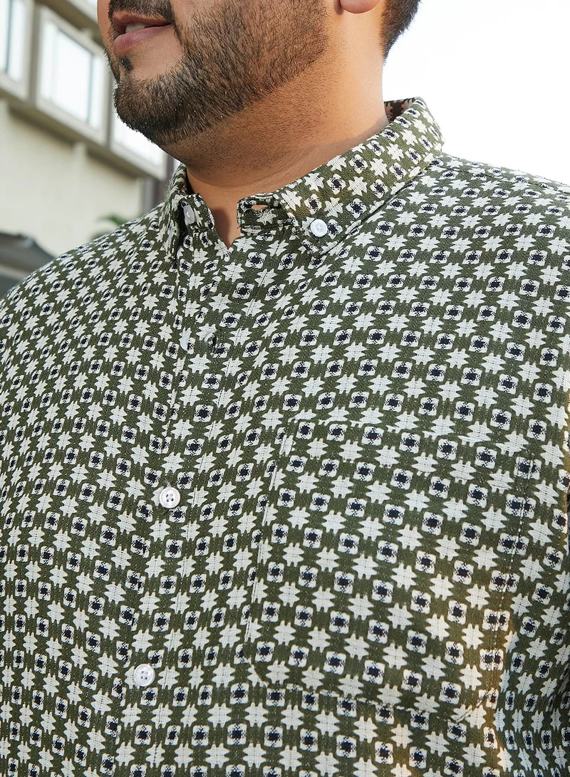 Instafab Plus  Men's Olive Green Motif-Block Regular Shirt For Casual Wear | Spread Collar | Long Cuffed Sleeves | Button Closure | Plus Size Shirt Crafted With Comfort Fit For Everyday Wear for Men | Best Price UAE