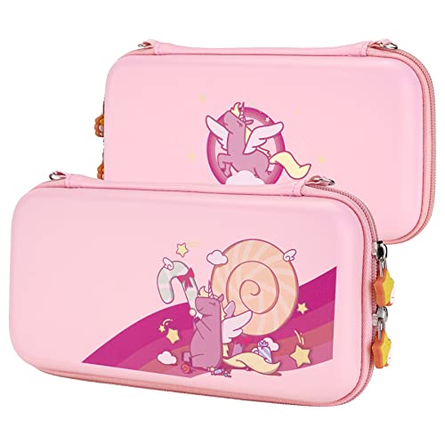 eXtremeRate PlayVital Pink Cute Carrying Case for Nintendo Switch Lite Thumb Grip Caps Candy Rainbow Unicorn Slim Travel Case for Switch Lite Portable Hardshell Girl Storage Bag Game Accessories - Image 1