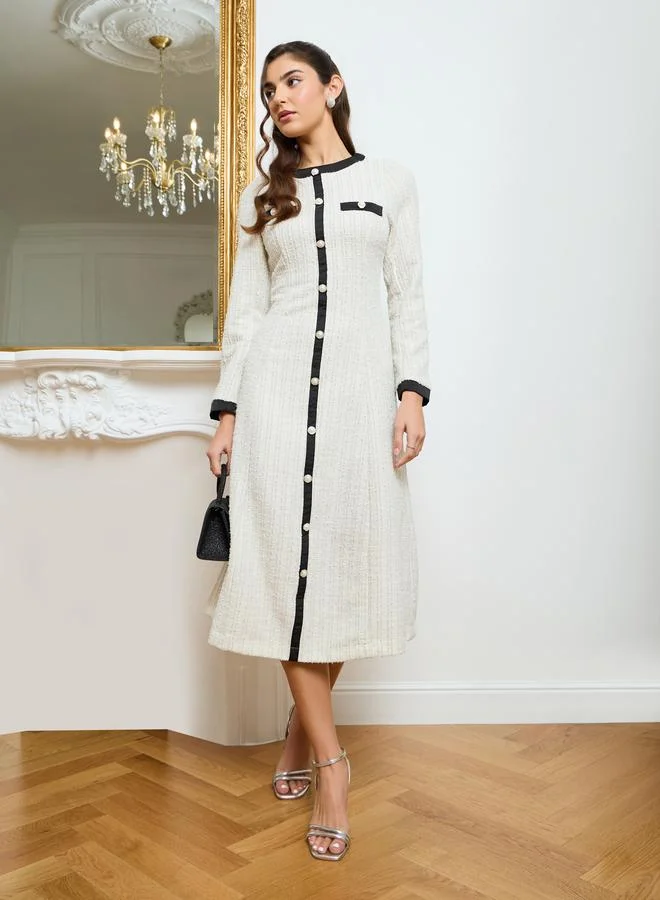 Styli  Women  Off-White Tweed Midi Dress with Black Trim for Women | Best Price UAE