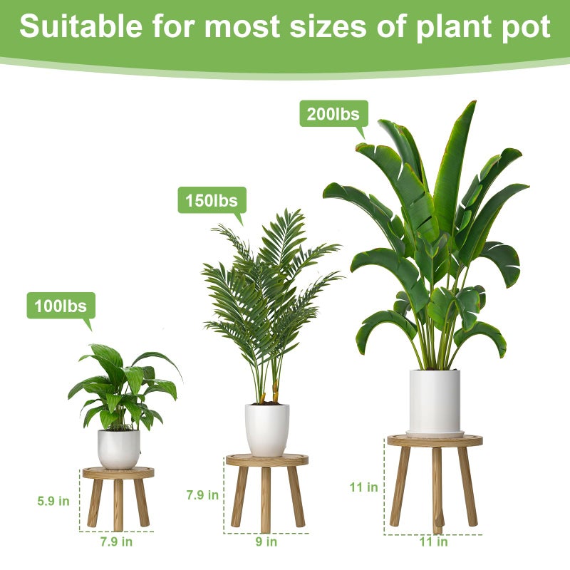 Vecxoty 3-Pack Wood Plant Stands Indoor, Single Plant Stand for 6-12 Inch Pots, Mid-Century Modern Plant Stool, Tall Plant Stand for Large Plants for Living Room, Balcony, Office (Light Brown - Image 2