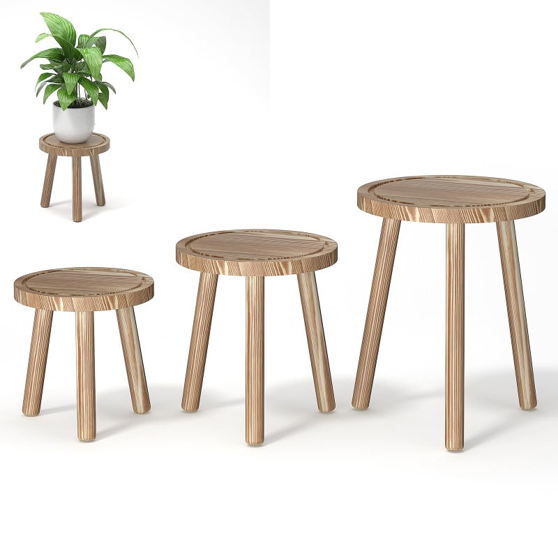 Vecxoty 3-Pack Wood Plant Stands Indoor, Single Plant Stand for 6-12 Inch Pots, Mid-Century Modern Plant Stool, Tall Plant Stand for Large Plants for Living Room, Balcony, Office (Light Brown - Image 1